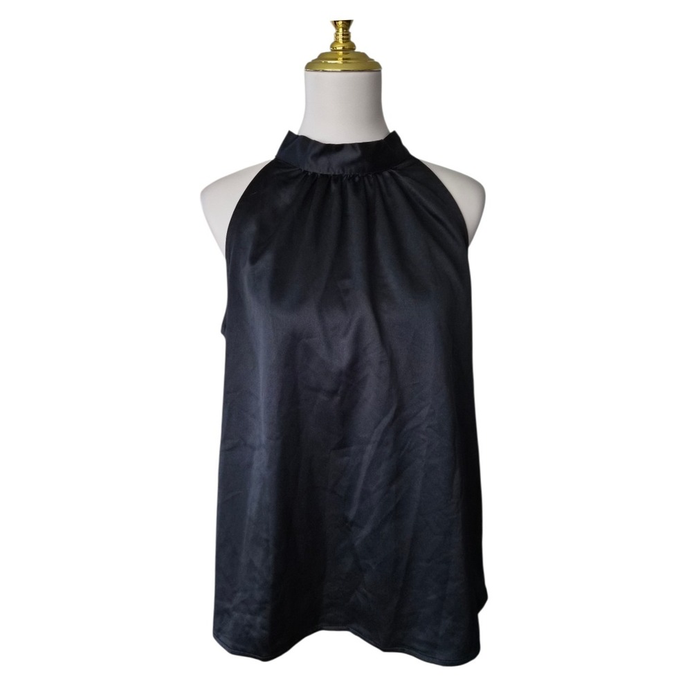 Grey Collective Black Satin Halter Top Blouse Size M Tie Neck‎ Sleeveless NWT